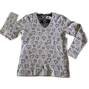 Olsen Sweater Womens US 8 Lavender Heart Shapes AOP LS V Neck Cotton Boho Casual